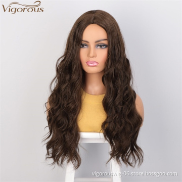 Vigorous High Temperature MediumBrown Long Wavy Wig Middle Part Synthetic Wigs For Black Women Wholesale Price